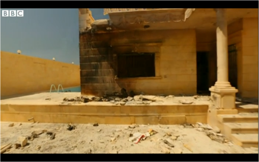 Scene of the alleged aerial incendiary bomb attack. Note swimming pool.