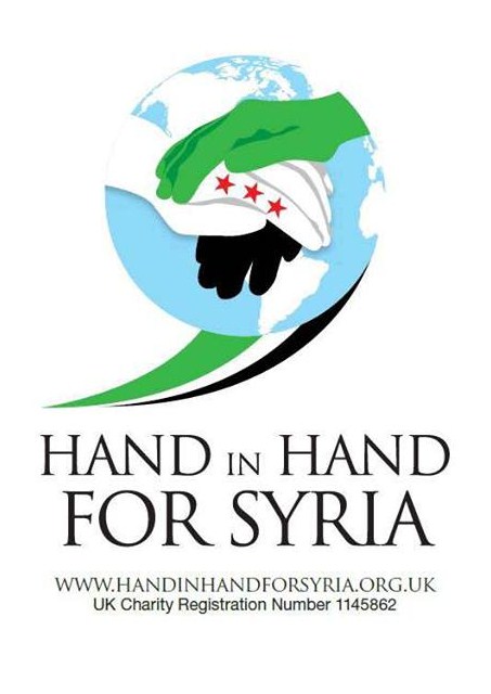 Original logo of Hand in Hand for Syria displaying  the three stars of the Free Syrian Army/Syrian National Council emblem